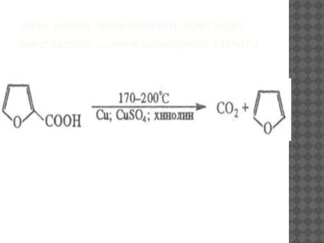 ФУРАН МОЖНО ТАКЖЕ ПОЛУЧИТЬ ПЕРЕГОНКОЙ ПИРОСЛИЗЕВОЙ (2-ФУРАНКАРБОНОВОЙ) КИСЛОТЫ