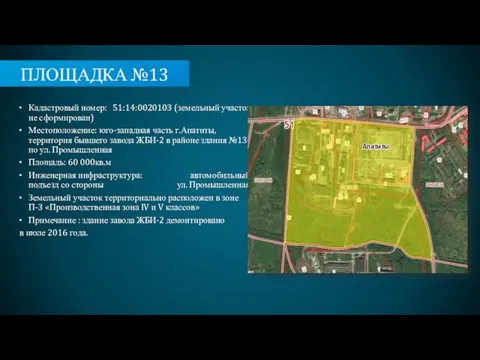 ПЛОЩАДКА №13 Кадастровый номер: 51:14:0020103 (земельный участок не сформирован) Местоположение: юго-западная