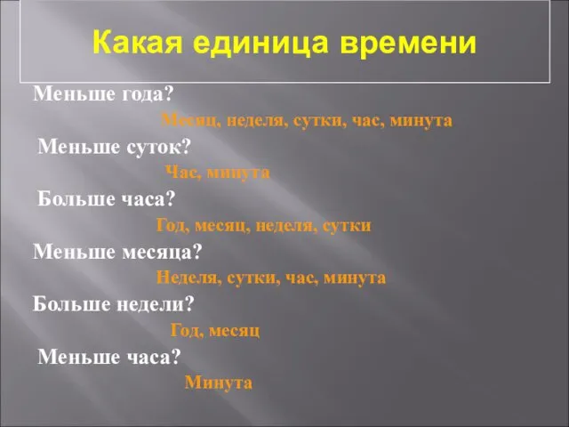 Какая единица времени Меньше года? Месяц, неделя, сутки, час, минута Меньше