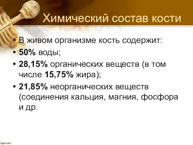 Химический состав кости В живом организме кость содержит: 50% воды; 28,15%