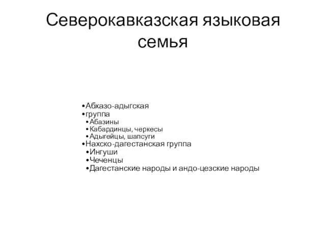 Северокавказская языковая семья Абхазо-адыгская группа Абазины Кабардинцы, черкесы Адыгейцы, шапсуги Нахско-дагестанская