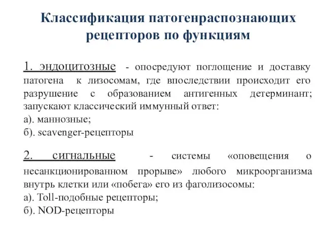 Классификация патогенраспознающих рецепторов по функциям 1. эндоцитозные - опосредуют поглощение и