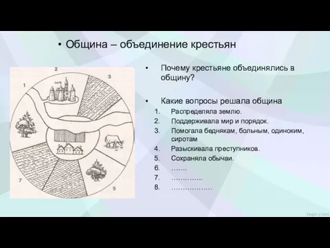 Община – объединение крестьян Почему крестьяне объединялись в общину? Какие вопросы