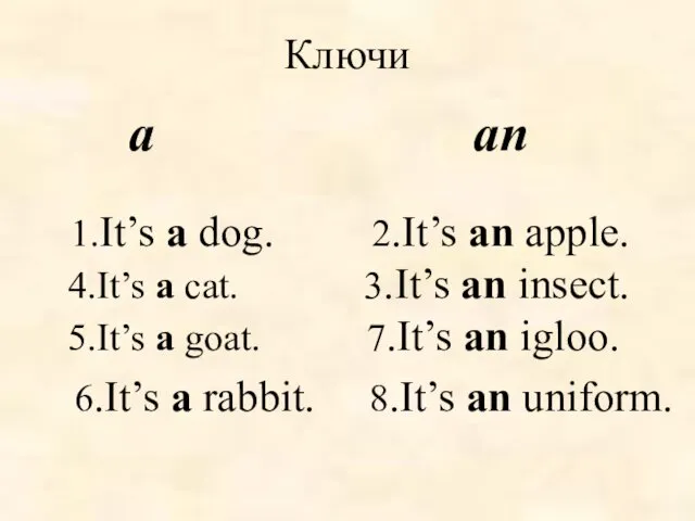 Ключи a an 1.It’s a dog. 2.It’s an apple. 4.It’s a