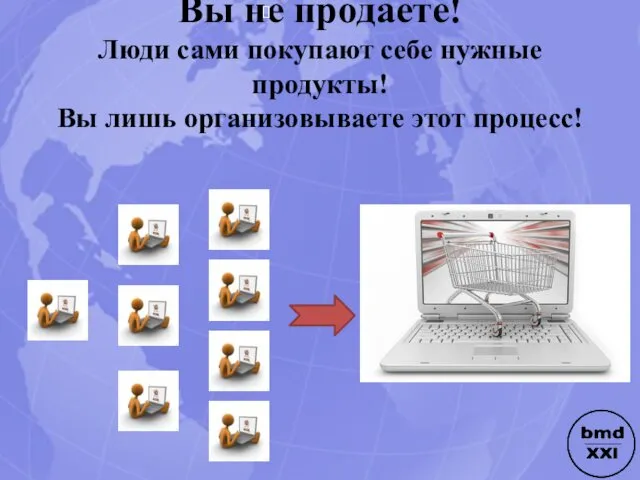 Вы не продаете! Люди сами покупают себе нужные продукты! Вы лишь организовываете этот процесс!