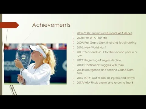 Achievements 2005–2007: Junior success and WTA debut 2008: First WTA Tour