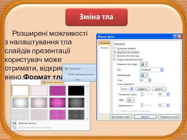 Розширені можливості з налаштування тла слайдів презентації користувач може отримати, відкривши вікно Формат тла.