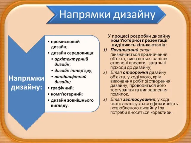 У процесі розробки дизайну комп'ютерної презентації виділяють кілька етапів: Початковий етап