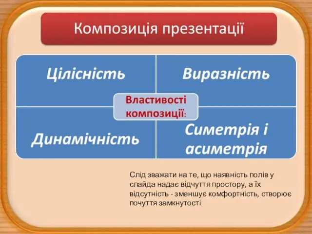 Слід зважати на те, що наявність полів у слайда надає відчуття