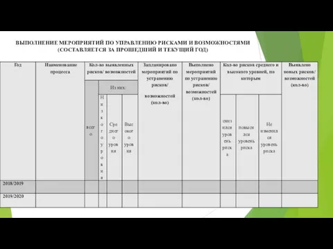 ВЫПОЛНЕНИЕ МЕРОПРИЯТИЙ ПО УПРАВЛЕНИЮ РИСКАМИ И ВОЗМОЖНОСТЯМИ (СОСТАВЛЯЕТСЯ ЗА ПРОШЕДШИЙ И ТЕКУЩИЙ ГОД)