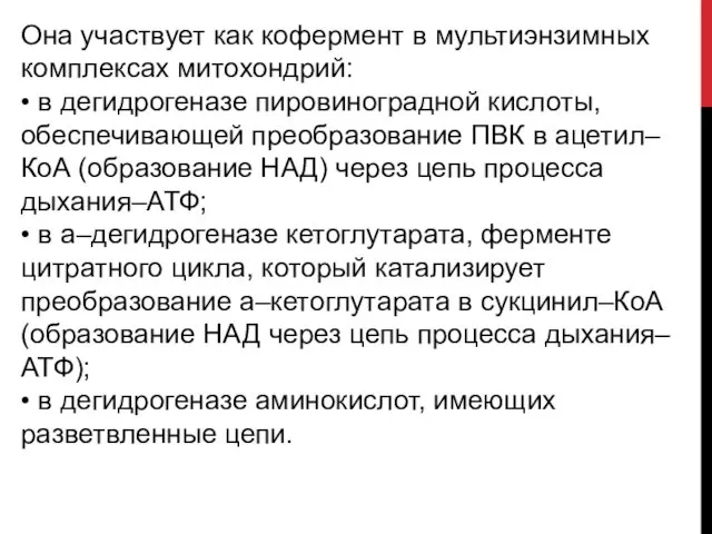 Она участвует как кофермент в мультиэнзимных комплексах митохондрий: • в дегидрогеназе