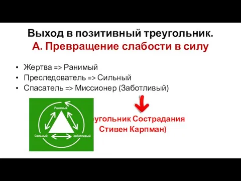 Выход в позитивный треугольник. А. Превращение слабости в силу Жертва =>