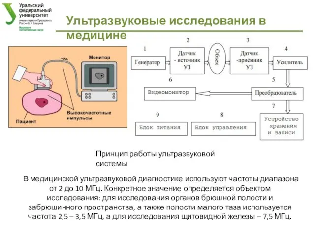 В медицинской ультразвуковой диагностике используют частоты диапазона от 2 до 10