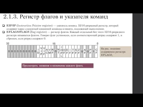 2.1.3. Регистр флагов и указателя команд EIP/IP (Instruction Pointer register) —