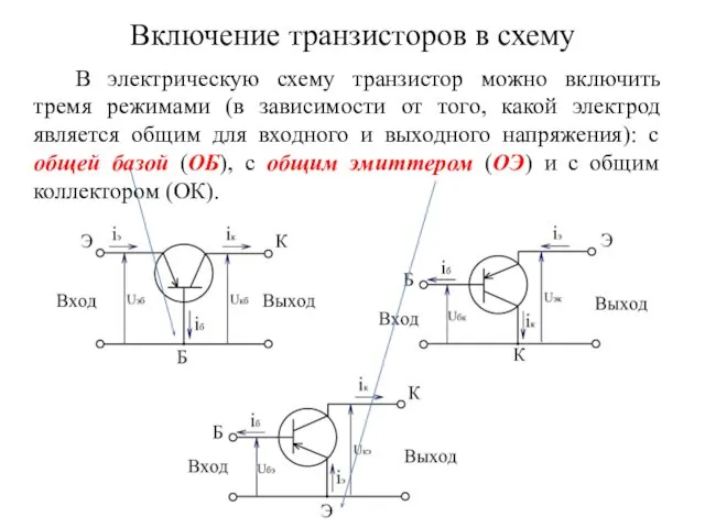 В электрическую схему транзистор можно включить тремя режимами (в зависимости от