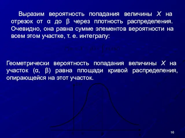 Выразим вероятность попадания величины X на отрезок от α до β