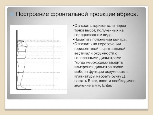 Построение фронтальной проекции абриса. Отложить горизонтали через точки высот, полученных на