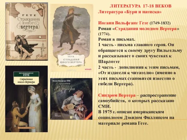 ЛИТЕРАТУРА 17-18 ВЕКОВ Литература «Бури и натиска» Иоганн Вольфганг Гете (1749-1832)