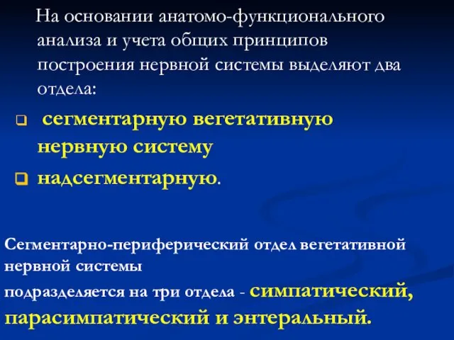 На основании анатомо-функционального анализа и учета общих принципов построения нервной системы