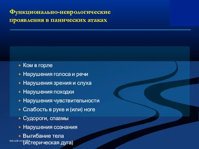 Функционально-неврологические проявления в панических атаках Vein A.M. et al 1994 Ком