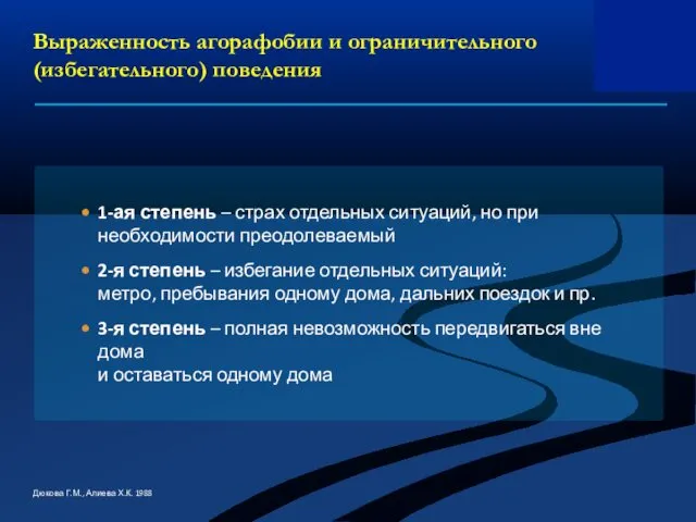 Выраженность агорафобии и ограничительного (избегательного) поведения Дюкова Г.М., Алиева Х.К. 1988