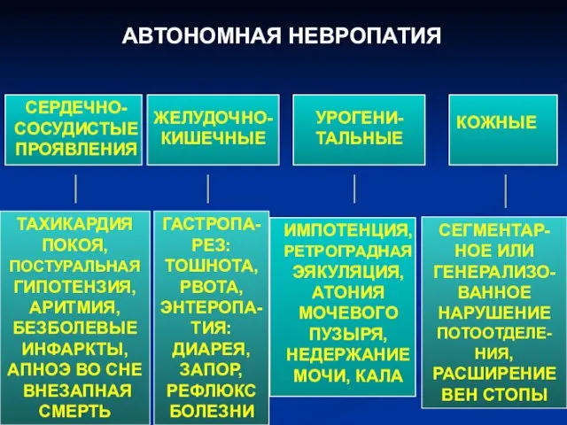 АВТОНОМНАЯ НЕВРОПАТИЯ ЖЕЛУДОЧНО- КИШЕЧНЫЕ СЕРДЕЧНО- СОСУДИСТЫЕ ПРОЯВЛЕНИЯ УРОГЕНИ- ТАЛЬНЫЕ КОЖНЫЕ ТАХИКАРДИЯ