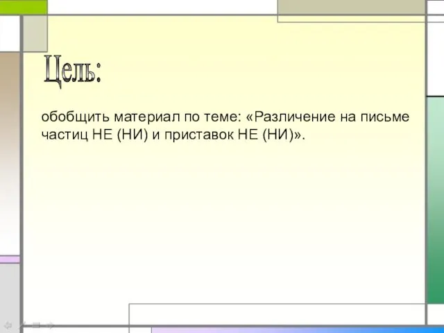 Цель: обобщить материал по теме: «Различение на письме частиц НЕ (НИ) и приставок НЕ (НИ)».