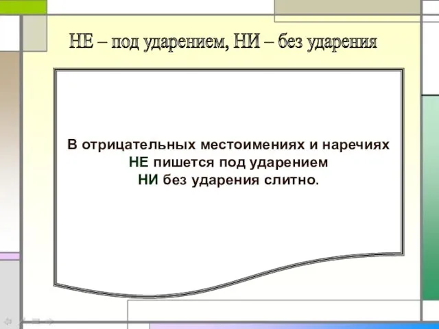 В отрицательных местоимениях и наречиях НЕ пишется под ударением НИ без