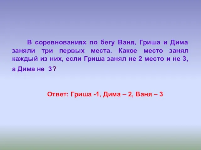 Ответ: Гриша -1, Дима – 2, Ваня – 3 В соревнованиях