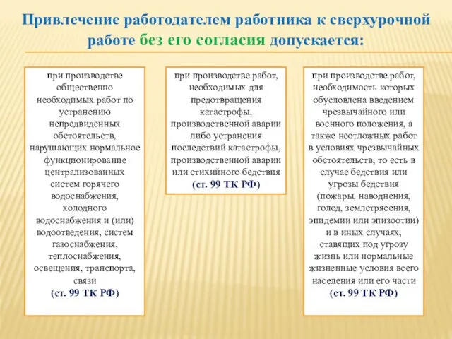 Привлечение работодателем работника к сверхурочной работе без его согласия допускается: при