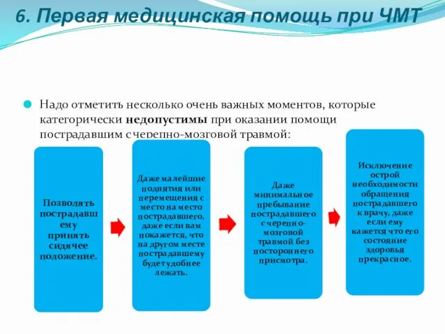 6. Первая медицинская помощь при ЧМТ Надо отметить несколько очень важных