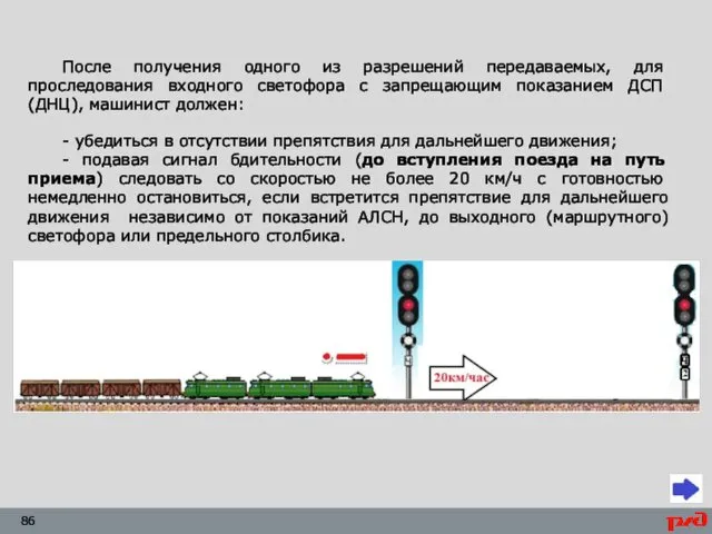 После получения одного из разрешений передаваемых, для проследования входного светофора с