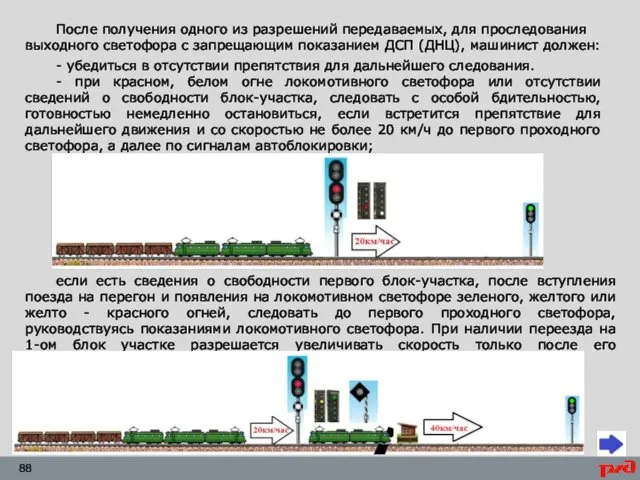 После получения одного из разрешений передаваемых, для проследования выходного светофора с