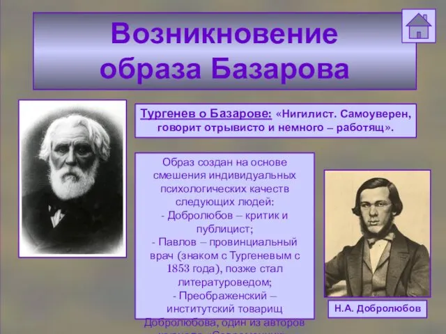 Возникновение образа Базарова Н.А. Добролюбов Тургенев о Базарове: «Нигилист. Самоуверен, говорит