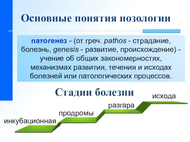 Основные понятия нозологии патогенез - (от греч. pathos - страдание, болезнь,