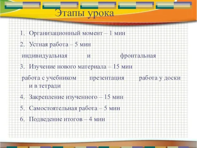 Этапы урока Организационный момент – 1 мин Устная работа – 5