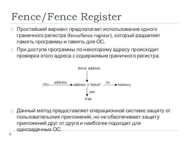 Fence/Fence Register Простейший вариант предполагает использование одного граничного регистра (fence/fence register),