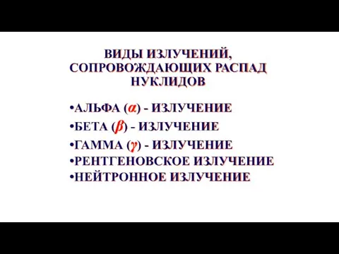 ВИДЫ ИЗЛУЧЕНИЙ, СОПРОВОЖДАЮЩИХ РАСПАД НУКЛИДОВ АЛЬФА (α) - ИЗЛУЧЕНИЕ БЕТА (β)