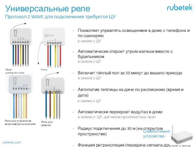 Универсальные реле Протокол Z-WAVE для подключения требуется ЦУ Позволяет управлять освещением