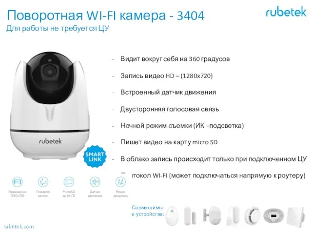 Поворотная WI-FI камера - 3404 Для работы не требуется ЦУ Видит