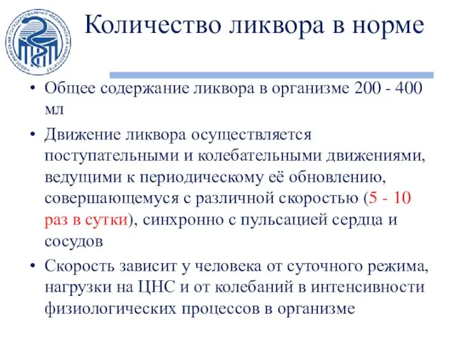 Количество ликвора в норме Общее содержание ликвора в организме 200 -