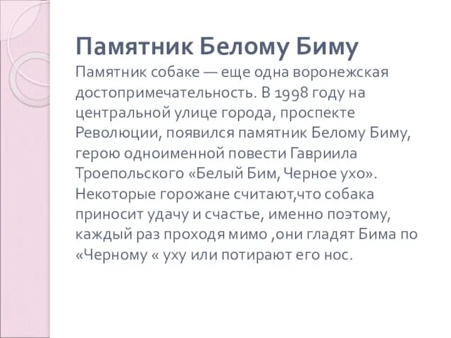 Памятник Белому Биму Памятник собаке — еще одна воронежская достопримечательность. В