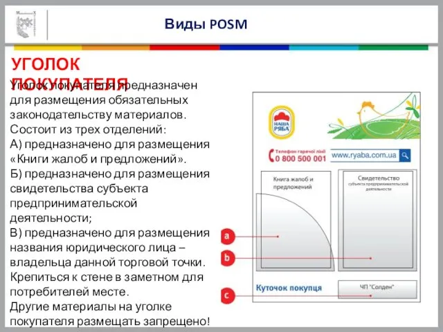 УГОЛОК ПОКУПАТЕЛЯ Виды POSM Уголок покупателя предназначен для размещения обязательных законодательству