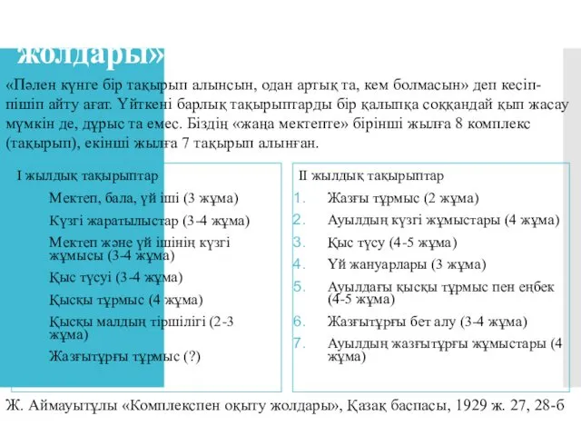 Ж. Аймауытов «Комплекспен оқыту жолдары» І жылдық тақырыптар Мектеп, бала, үй