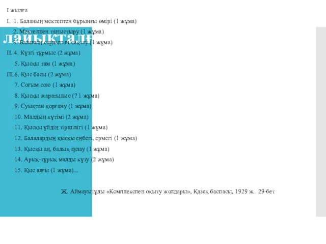 Түркістан жағындағы мектептерге лайықталған тақырыптар І жылға І. 1. Баланың мектептен