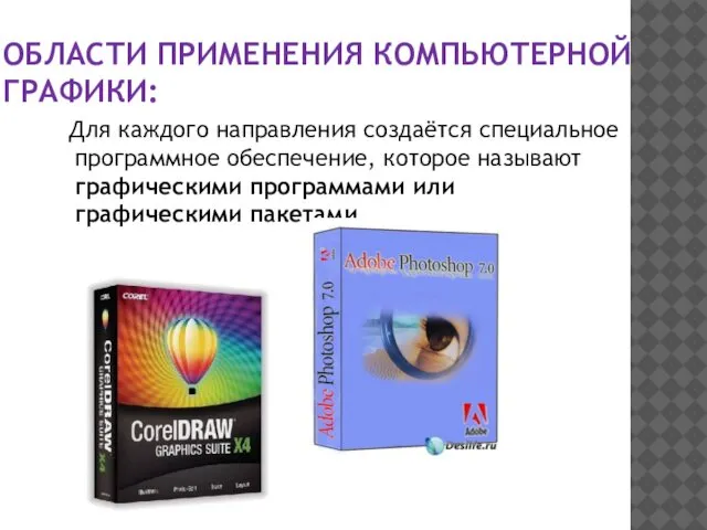 ОБЛАСТИ ПРИМЕНЕНИЯ КОМПЬЮТЕРНОЙ ГРАФИКИ: Для каждого направления создаётся специальное программное обеспечение,