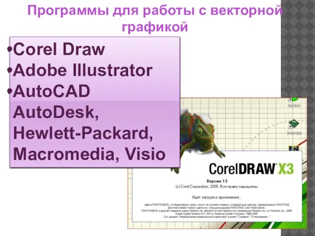 Corel Draw Adobe Illustrator AutoCAD AutoDesk, Hewlett-Packard, Macromedia, Visio Программы для работы с векторной графикой