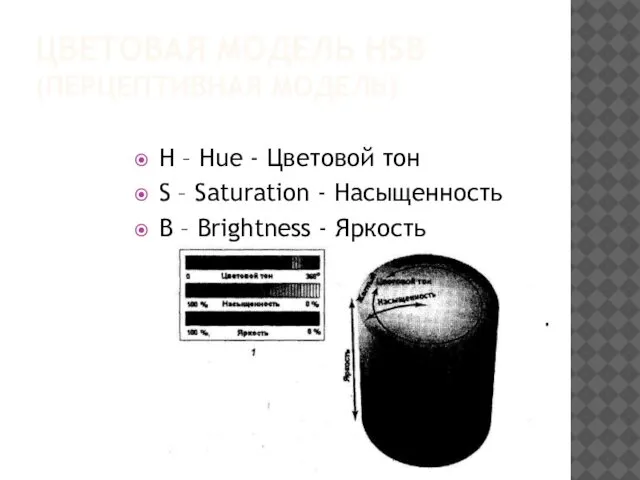 ЦВЕТОВАЯ МОДЕЛЬ HSB (ПЕРЦЕПТИВНАЯ МОДЕЛЬ) H – Hue - Цветовой тон