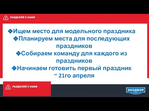 Ищем место для модельного праздника Планируем места для последующих праздников Собираем