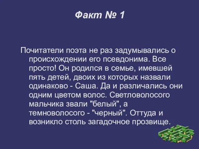 Факт № 1 Почитатели поэта не раз задумывались о происхождении его